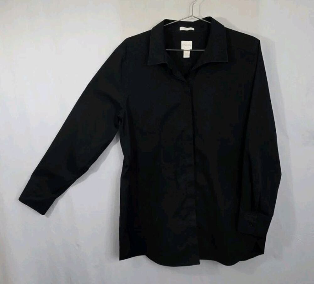 Chico’s Women’s Tunic Shirt 2.5 Cotton Poplin Button Up No Iron Black